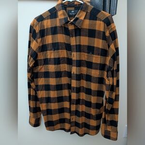 Men's Black and Tan Plaid Button Down Shirt